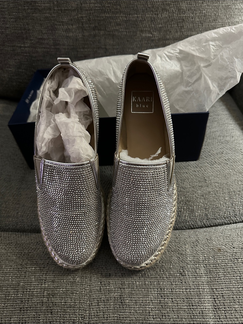Kaari Blue Silver Crystal Slip-On Espadrille Loafers